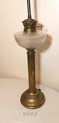 LARGE antique ornate 1800's brass ribbed glass electrified oil table parlor lamp