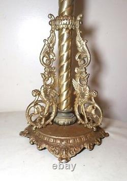 LARGE antique ornate figural electrified silverplate iron oil table parlor lamp