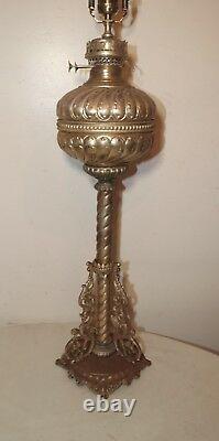 LARGE antique ornate figural electrified silverplate iron oil table parlor lamp