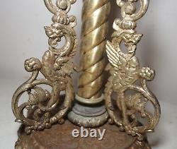 LARGE antique ornate figural electrified silverplate iron oil table parlor lamp