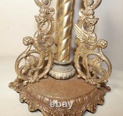 LARGE antique ornate figural electrified silverplate iron oil table parlor lamp