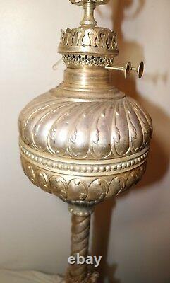 LARGE antique ornate figural electrified silverplate iron oil table parlor lamp