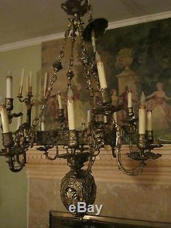 LG 18th c Antique French Figural Bronze oil/kerosine hanging Lamp/Chandelier