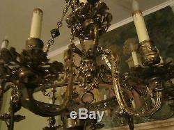 LG 18th c Antique French Figural Bronze oil/kerosine hanging Lamp/Chandelier