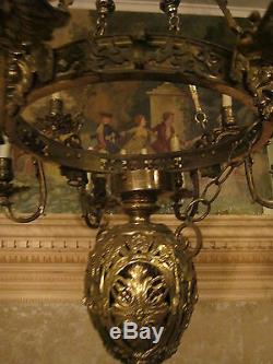 LG 18th c Antique French Figural Bronze oil/kerosine hanging Lamp/Chandelier