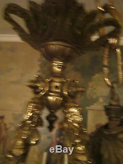 LG 18th c Antique French Figural Bronze oil/kerosine hanging Lamp/Chandelier