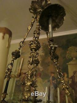 LG 18th c Antique French Figural Bronze oil/kerosine hanging Lamp/Chandelier