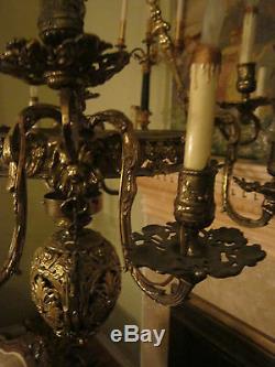 LG 18th c Antique French Figural Bronze oil/kerosine hanging Lamp/Chandelier