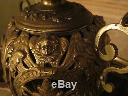 LG 18th c Antique French Figural Bronze oil/kerosine hanging Lamp/Chandelier