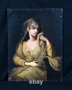 Large 18th Century French Girl Wearing A Veil & Lamp Antique Oil Painting