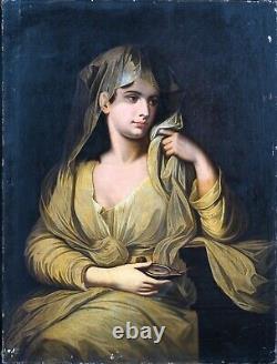 Large 18th Century French Girl Wearing A Veil & Lamp Antique Oil Painting