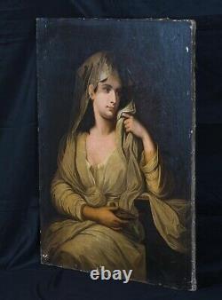 Large 18th Century French Girl Wearing A Veil & Lamp Antique Oil Painting