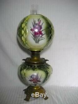 Large 27 Antique GWTW Oil Lamp Embossed Design with Beautiful Irises