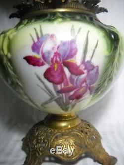 Large 27 Antique GWTW Oil Lamp Embossed Design with Beautiful Irises