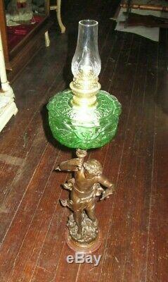Large 34 antique oil kerosene green uranium glass lamp Les Ecrits figure statue