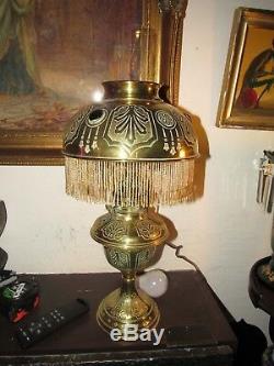 Large Antique Art Nouveau French Cabochon Oil Lamp Electrified