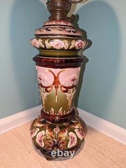 Large Antique Art Nouveau Majolica Kerosene Oil Lamp