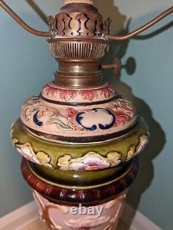 Large Antique Art Nouveau Majolica Kerosene Oil Lamp