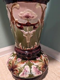 Large Antique Art Nouveau Majolica Kerosene Oil Lamp