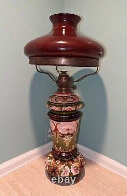 Large Antique Art Nouveau Majolica Kerosene Oil Lamp