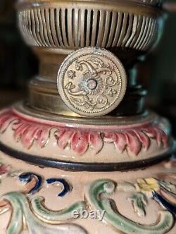 Large Antique Art Nouveau Majolica Kerosene Oil Lamp
