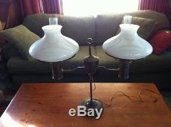 Large Antique Double Student Lamp withwhite Shades converted oil to electric