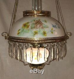 Large Antique Hand Painted Log Cabin Homestead Hanging Oil Lamp with30 Crystals