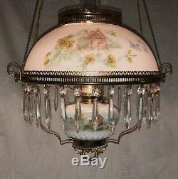Large Antique Hand Painted Log Cabin Homestead Hanging Oil Lamp with30 Crystals