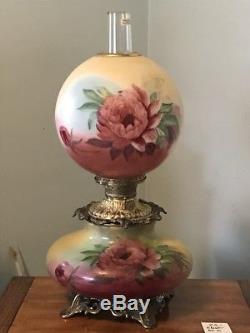 Large Antique Hurricane Gone With The Wind Hand Painted Oil Lamp Conv. Electric