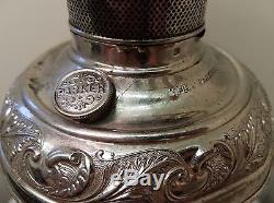 Large Antique Nickel Banquet Oil Parlor Lamp with Quilted Glass Ball Shade
