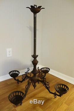 Large Antique Victorian Cast Iron 4 Arm Bracket Oil Lamp Chandelier HTF
