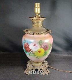 Large Antique Victorian GWTW Dahlia Flowers Painted Oil Lamp (Converted)