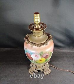 Large Antique Victorian GWTW Dahlia Flowers Painted Oil Lamp (Converted)