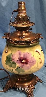 Large Antique Victorian GWTW Flowers Painted Oil Lamp (Converted)