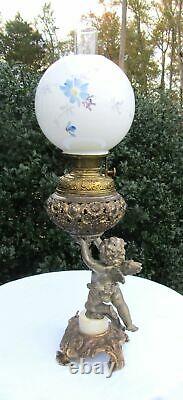 Large Antique Victorian Metal Cherub Statue Banquet Parlor Kerosene Oil Lamp 30
