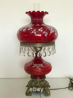 Large Antique Vintage Painted Cranberry Red Glass Hanging Prisms Oil Lamp