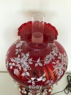 Large Antique Vintage Painted Cranberry Red Glass Hanging Prisms Oil Lamp