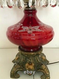 Large Antique Vintage Painted Cranberry Red Glass Hanging Prisms Oil Lamp