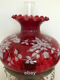 Large Antique Vintage Painted Cranberry Red Glass Hanging Prisms Oil Lamp