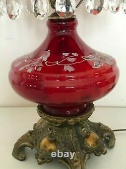 Large Antique Vintage Painted Cranberry Red Glass Hanging Prisms Oil Lamp