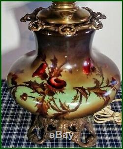 Large C. 1800's Hand Painted Thistle GWTW Oil Lamp Electrified One Of The Best