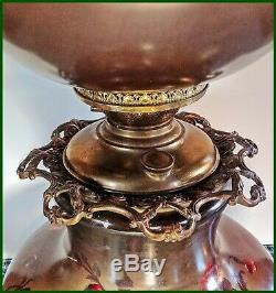 Large C. 1800's Hand Painted Thistle GWTW Oil Lamp Electrified One Of The Best