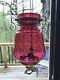 Large Cranberry Diamond Optic Glass Pull Down Hanging Oil Lamp Indoor & Outdoor