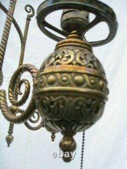 Large Fancy Antique Victorian Brass Chandelier Kerosene Oil Gas Lamp Light
