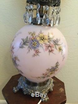 Large Vintage Pink GWTW Gone with the Wind Oil Style Electric Lamp Crystals