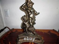 Large and one of a kind Antique Victorian cherub Oil Lamp with Bronze Statue