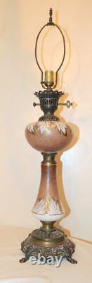 Large antique hand painted gilt glass bronze patinated oil style table lamp
