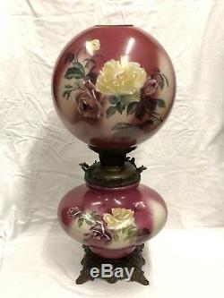 Large c. 1880s Milk Glass Hand Painted Floral GWTW Parlor Banquet Oil Lamp