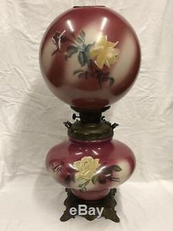 Large c. 1880s Milk Glass Hand Painted Floral GWTW Parlor Banquet Oil Lamp