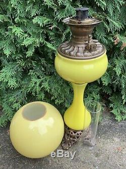 Lg. Antique Victorian YELLOW CASED GLASS 3 Tier Kerosene Oil Lamp Banquet GWTW